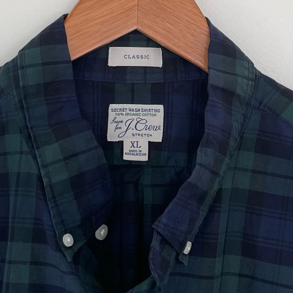J Crew‎ Classic Fit Blackwatch Pattern Secret Wash Organic Poplin Shirt XL Green
